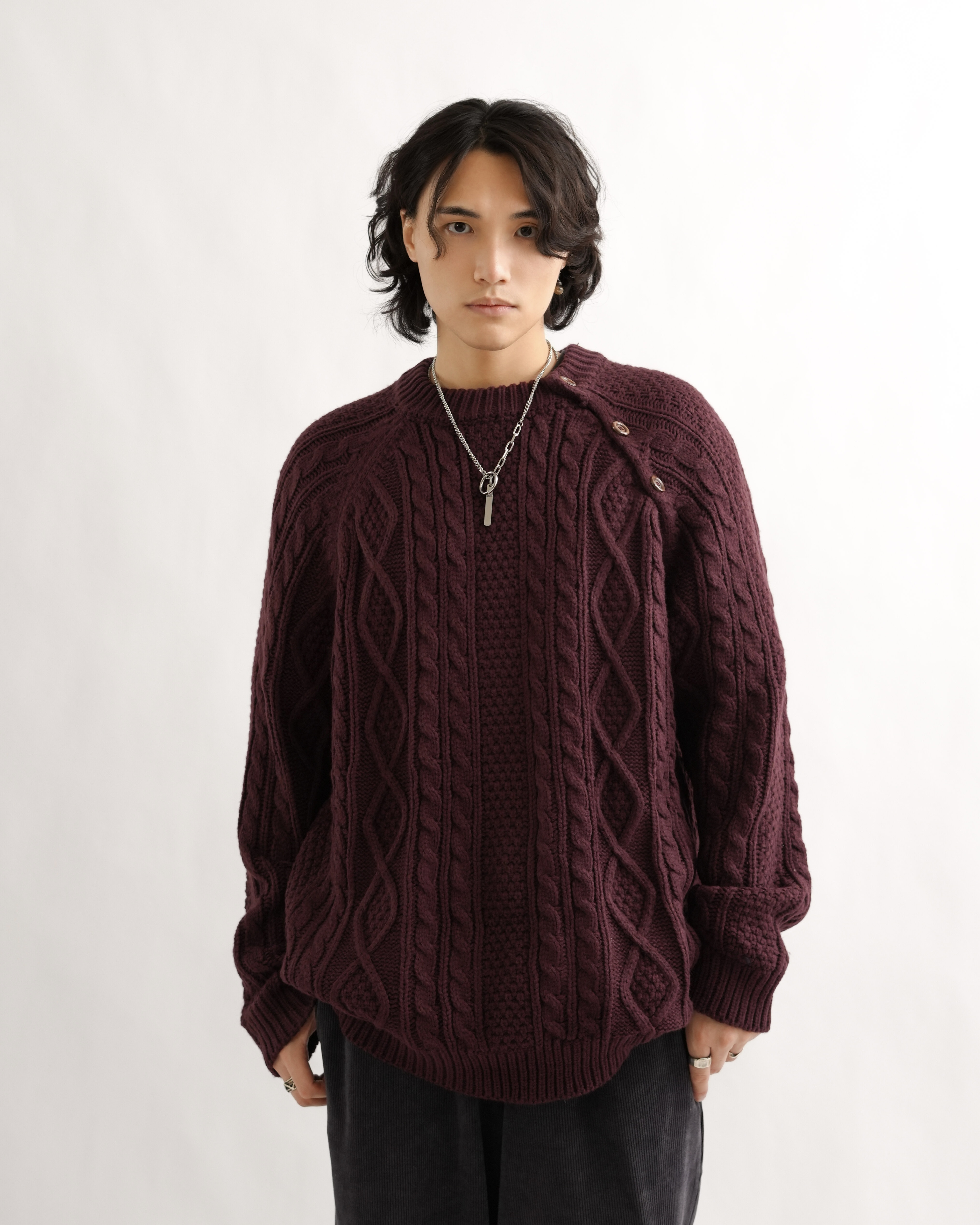 ML052 日系寬鬆麻花針織衛衣-酒紅色