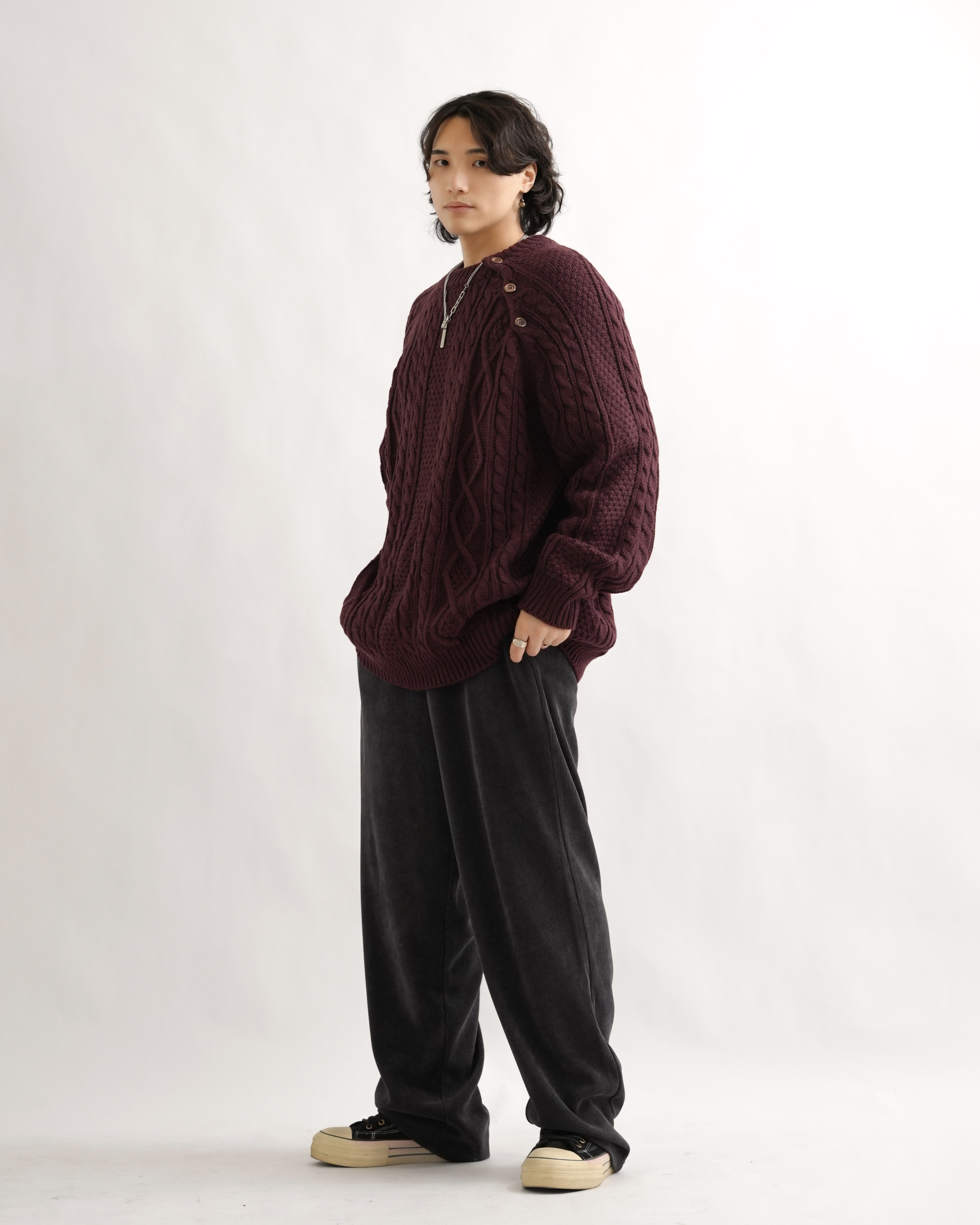 ML052 日系寬鬆麻花針織衛衣-酒紅色
