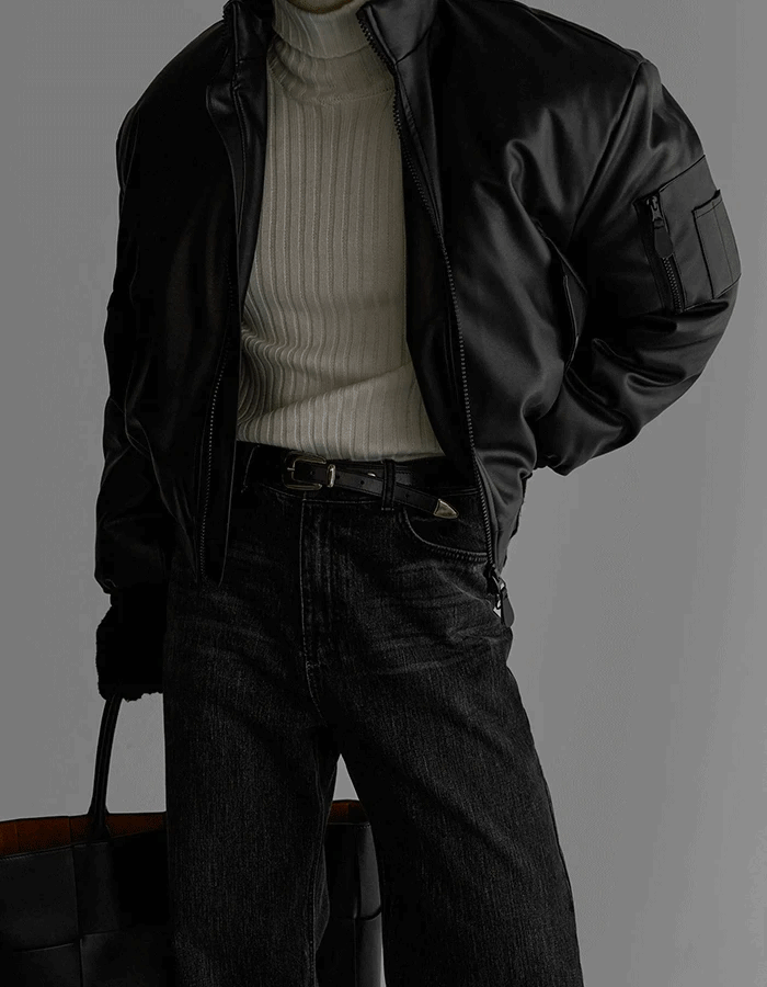 皮革立領鋪棉夾克外套