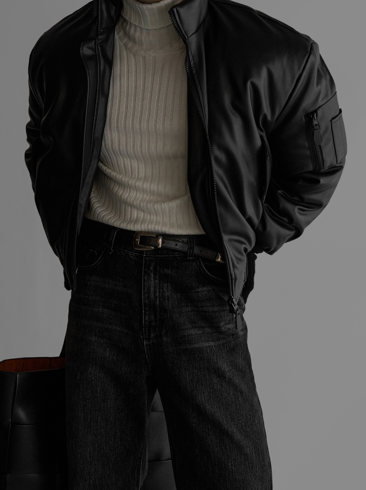 皮革立領鋪棉夾克外套