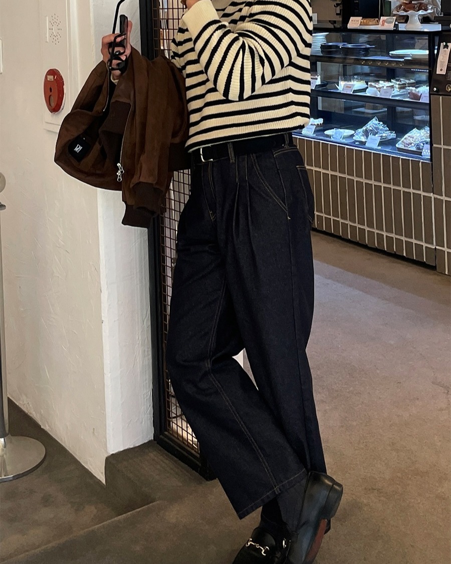 二褶邊原色牛仔直筒褲