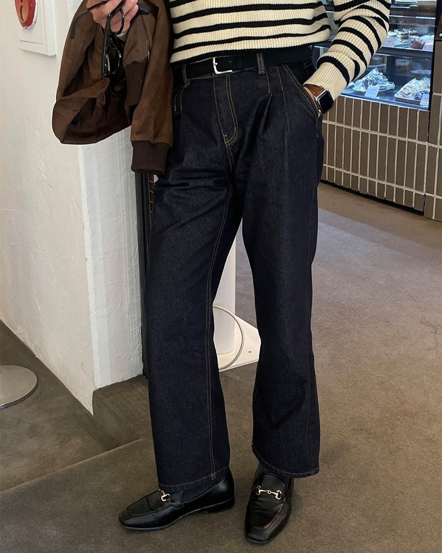 二褶邊原色牛仔直筒褲