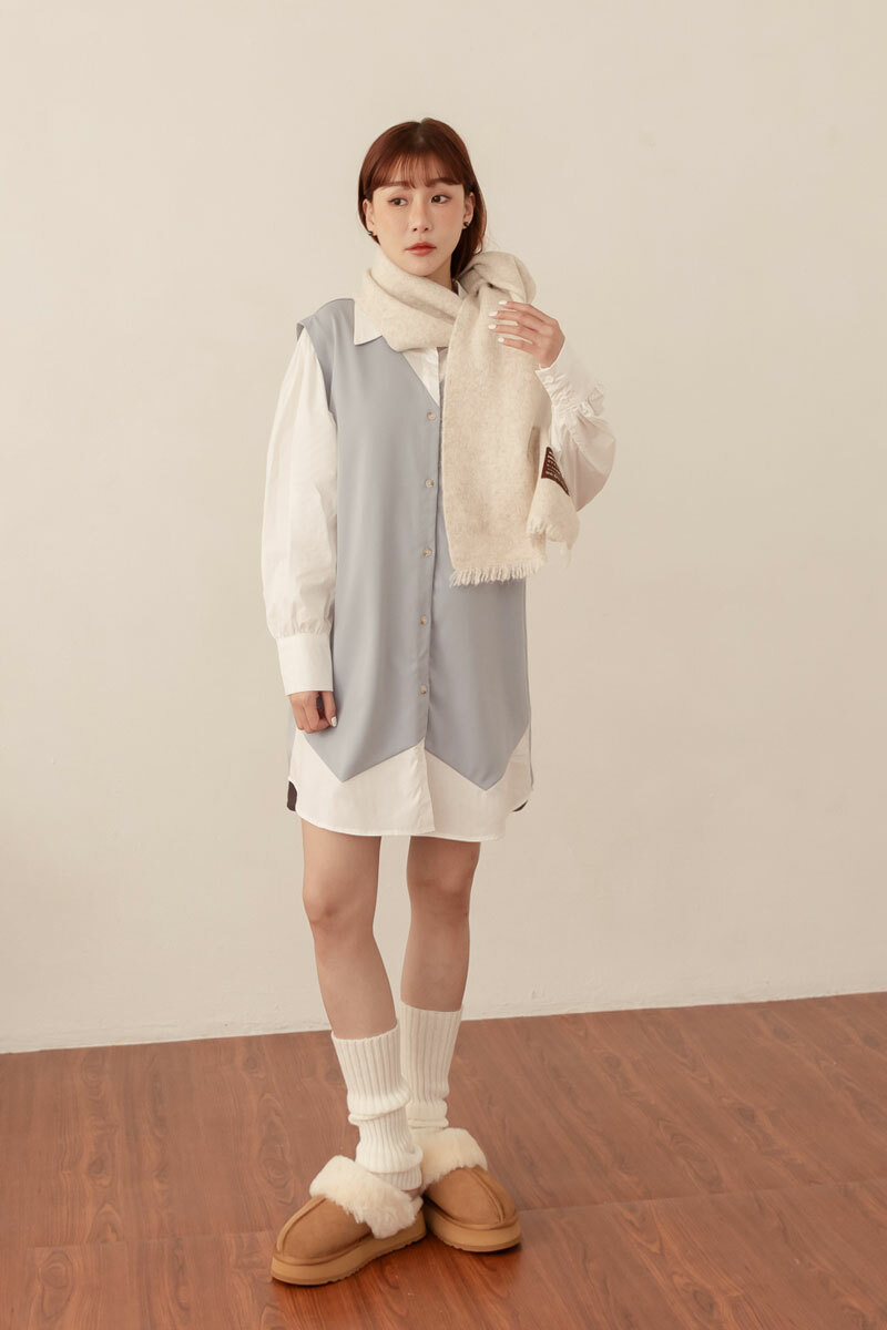 撞色假兩件長版連身上衣(附綁帶)