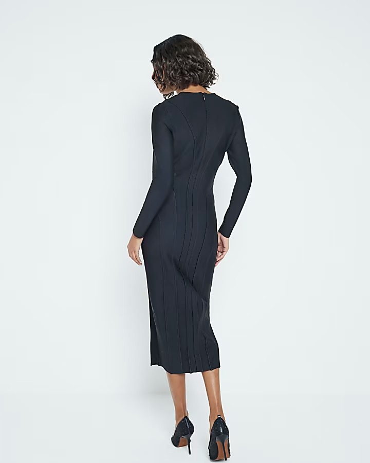 Lux Black黑色透紗拼接繃帶Midi Dress