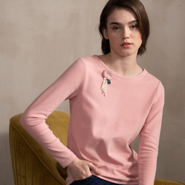 PIPPY 素面前短後長棉質圓領上衣 粉