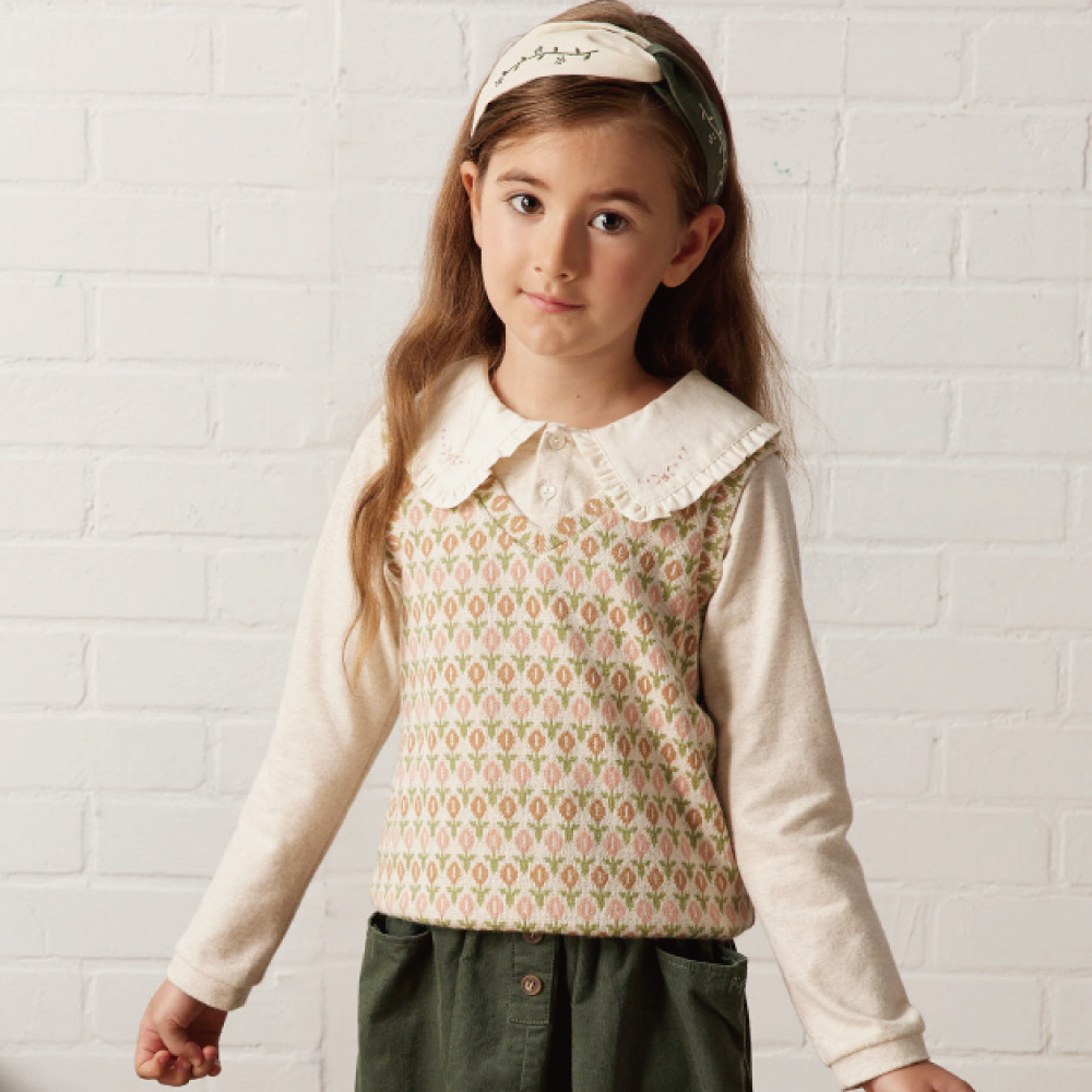 PIPPY 鬱金香印花假兩件大領片長袖棉質上衣 粉