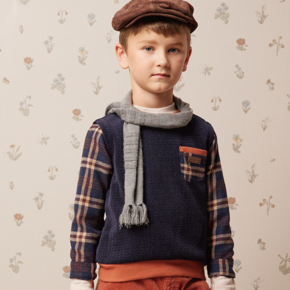 PIPPY經典格紋拼接圓領長袖上衣 藍