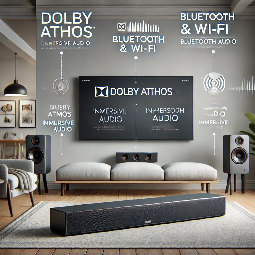 Sleek modern soundbar placed in front of a flat-screen TV in a minimalist living room with soft lighting. Key features like 'Dolby Atmos,' 'Bluetooth & Wi-Fi,' and 'Immersive Audio' are highlighted around the soundbar in bold, stylish text, emphasizing its advanced capabilities.