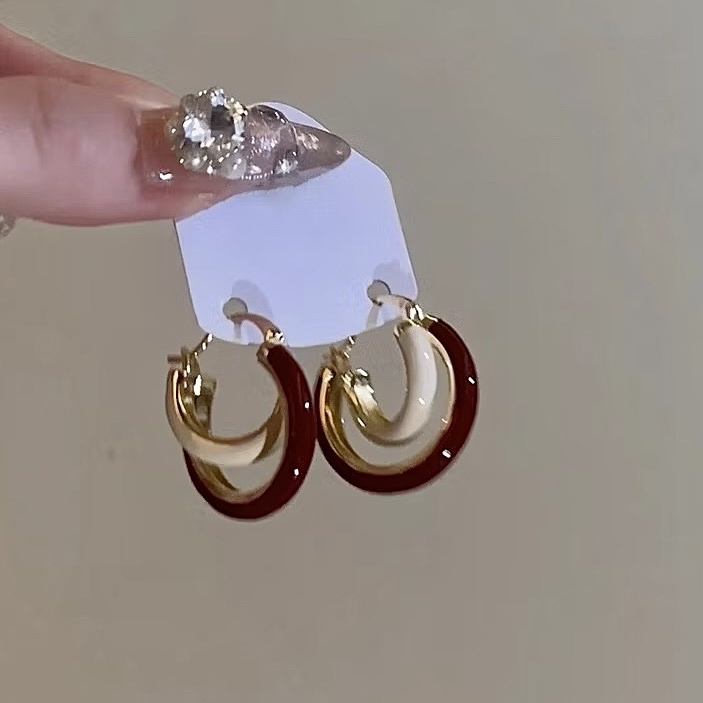 限定安可紅/紅白滴釉雙圈金耳釦釘圈