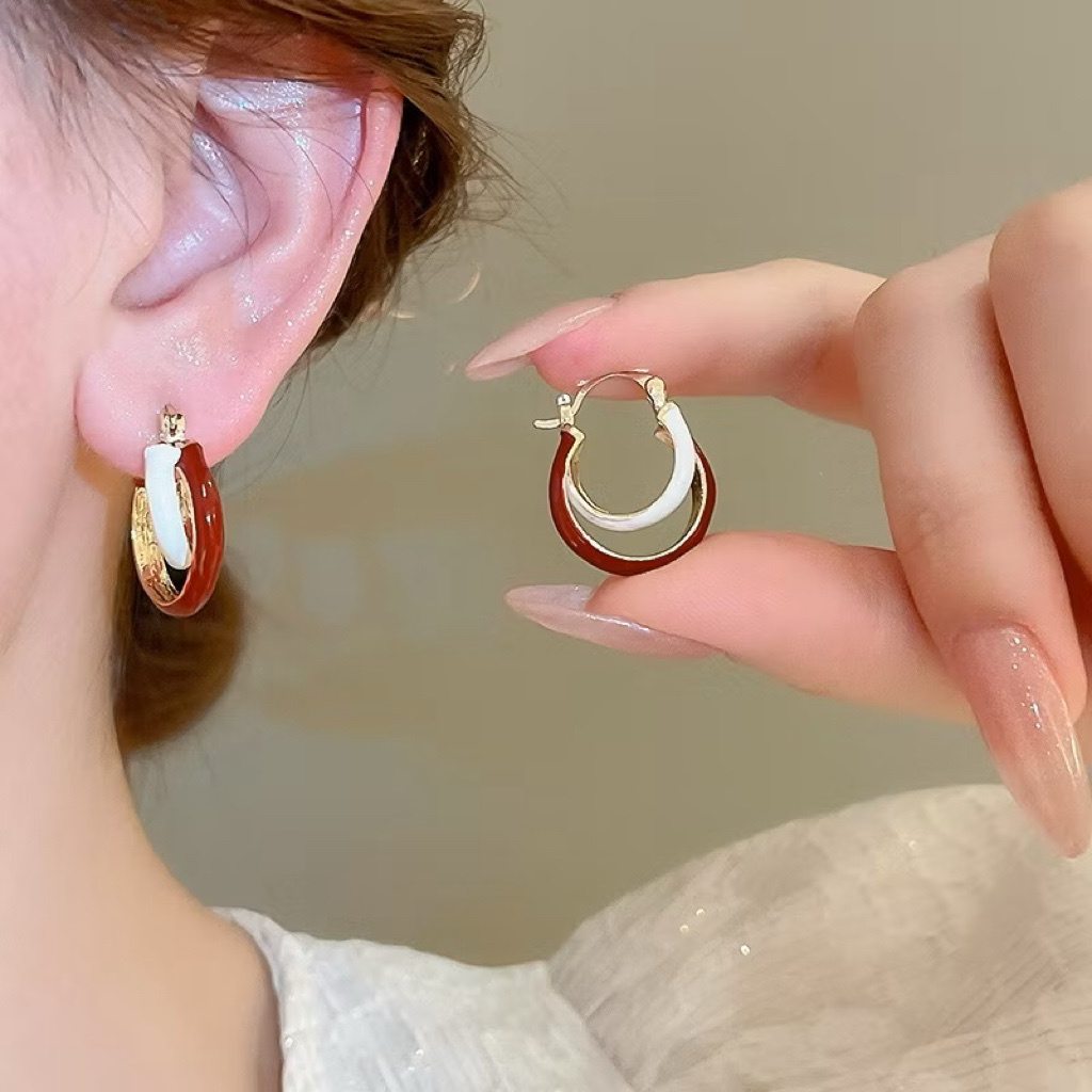限定安可紅/紅白滴釉雙圈金耳釦釘圈