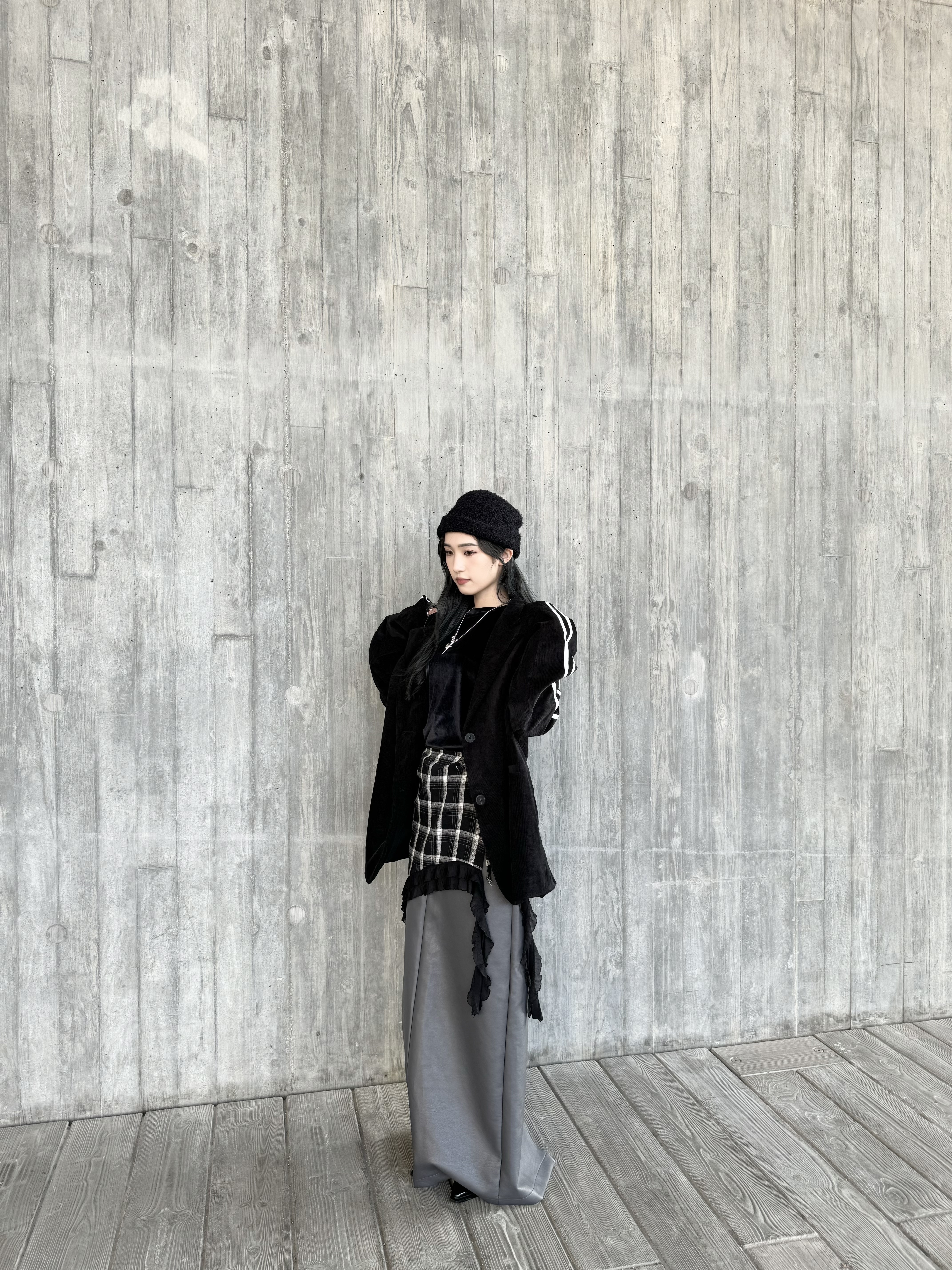 [兩色入] 多用途格仔圍巾/TOP( Black )