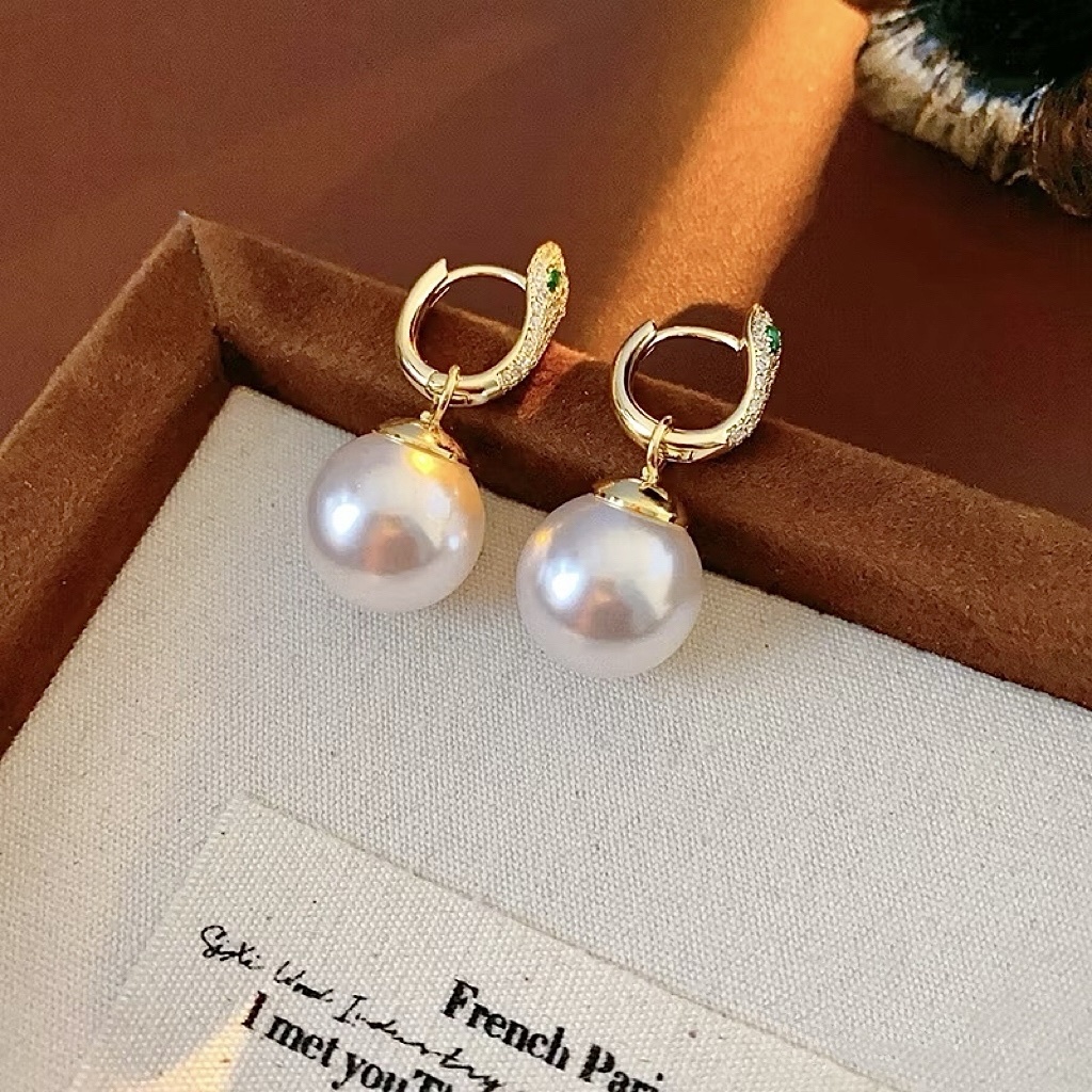 14k serpent溫柔低奢金鑽小綠鑽蛇眼”珍珠耳釦釘墜