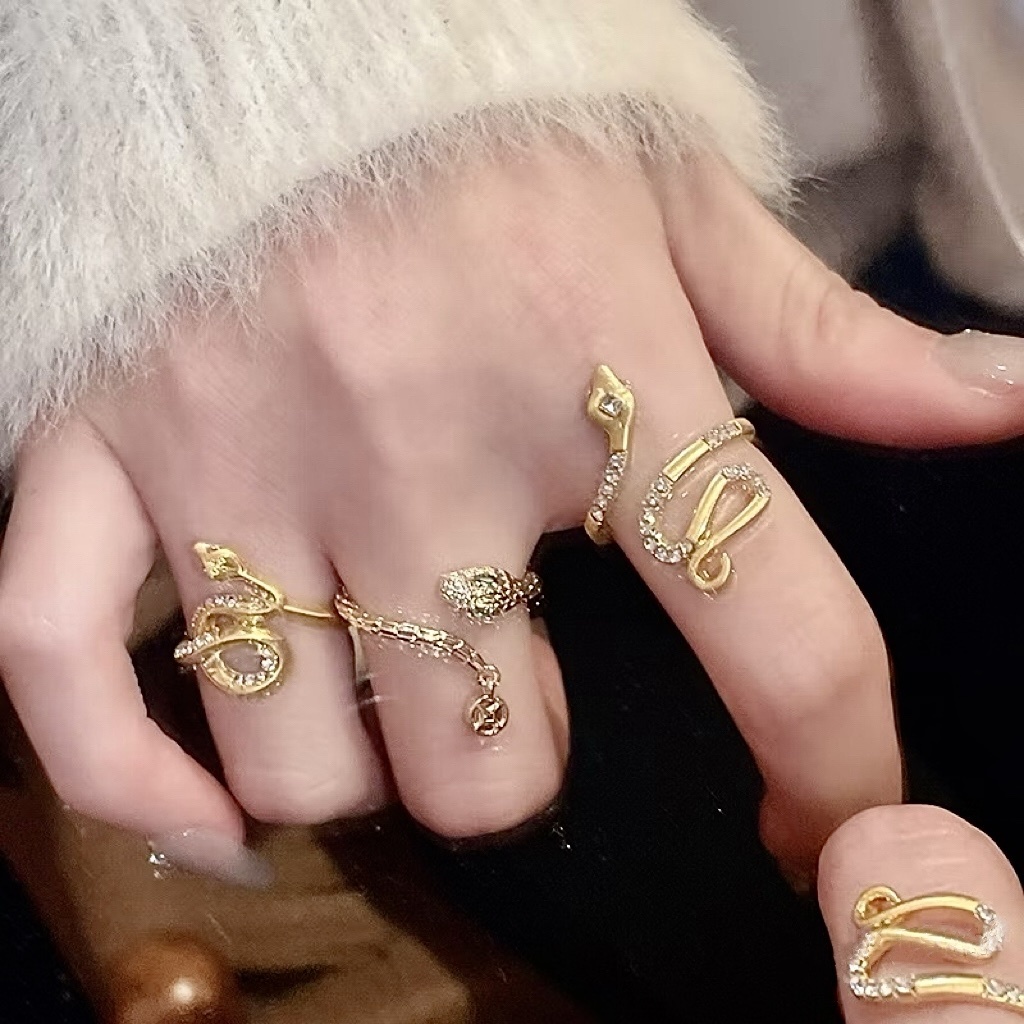 14k serpent低奢金鑽靈蛇纏繞鑽開口戒三件set