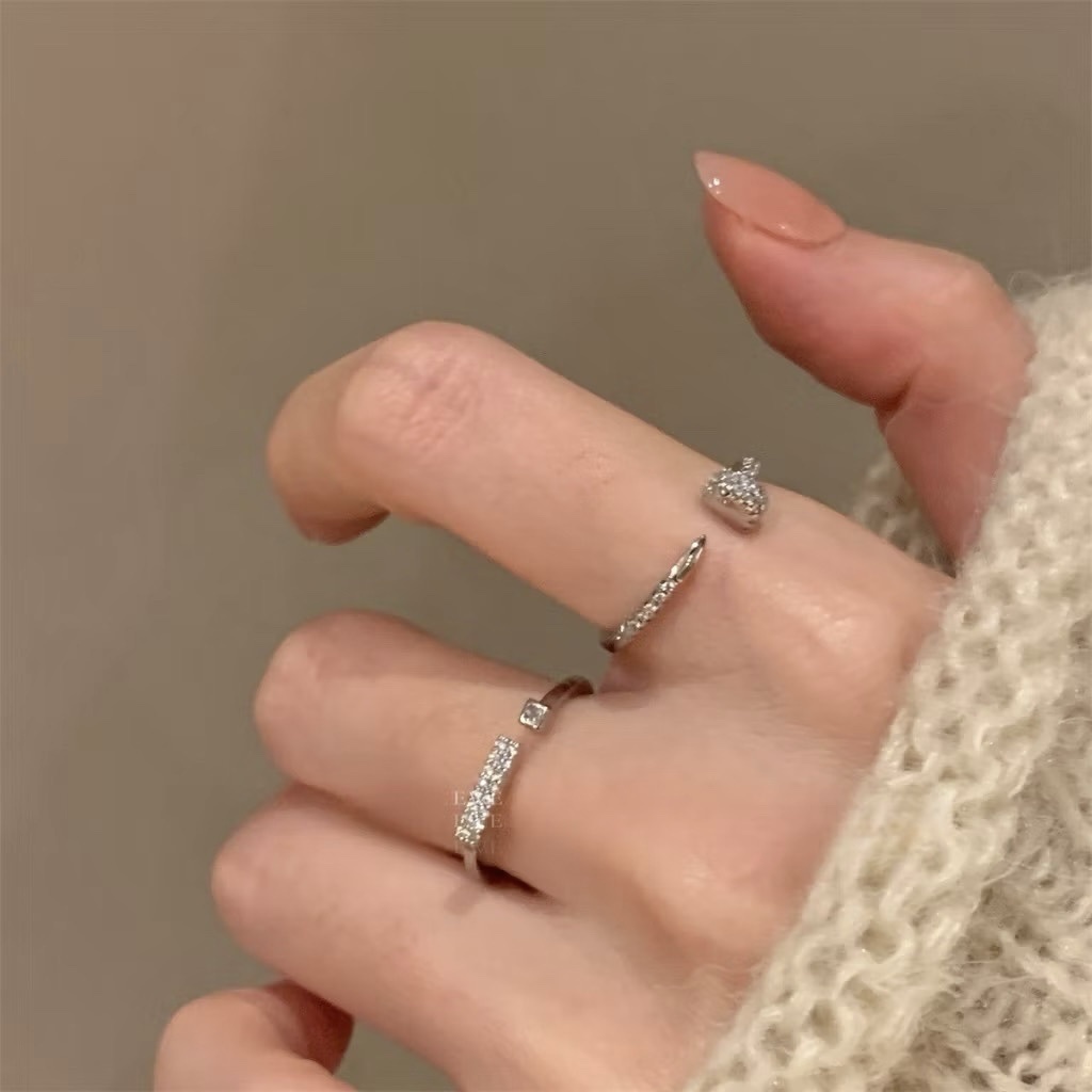 低奢銀鑽細釘子/一字鑽開口戒set