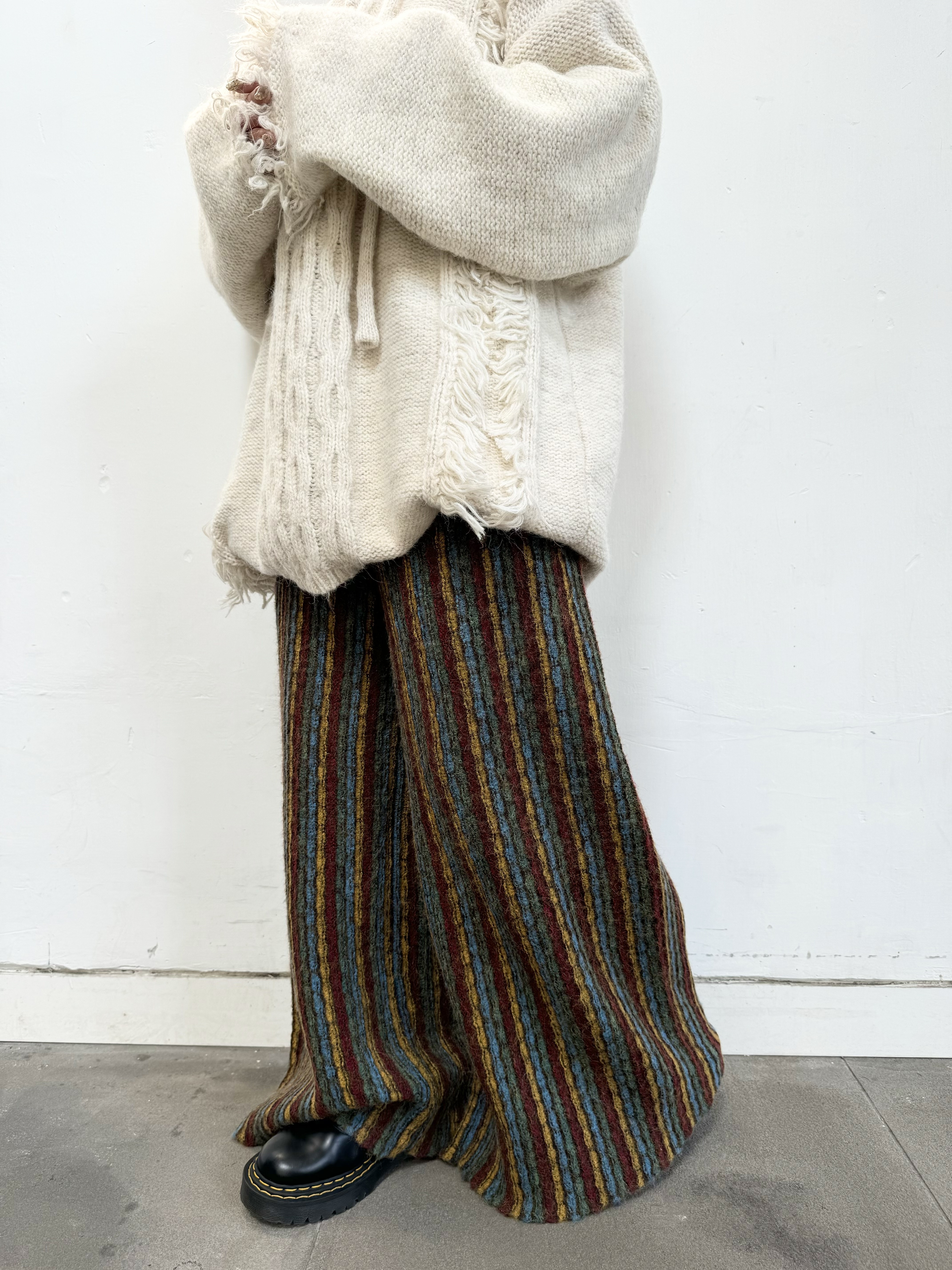 撞色彩間針織闊褲子