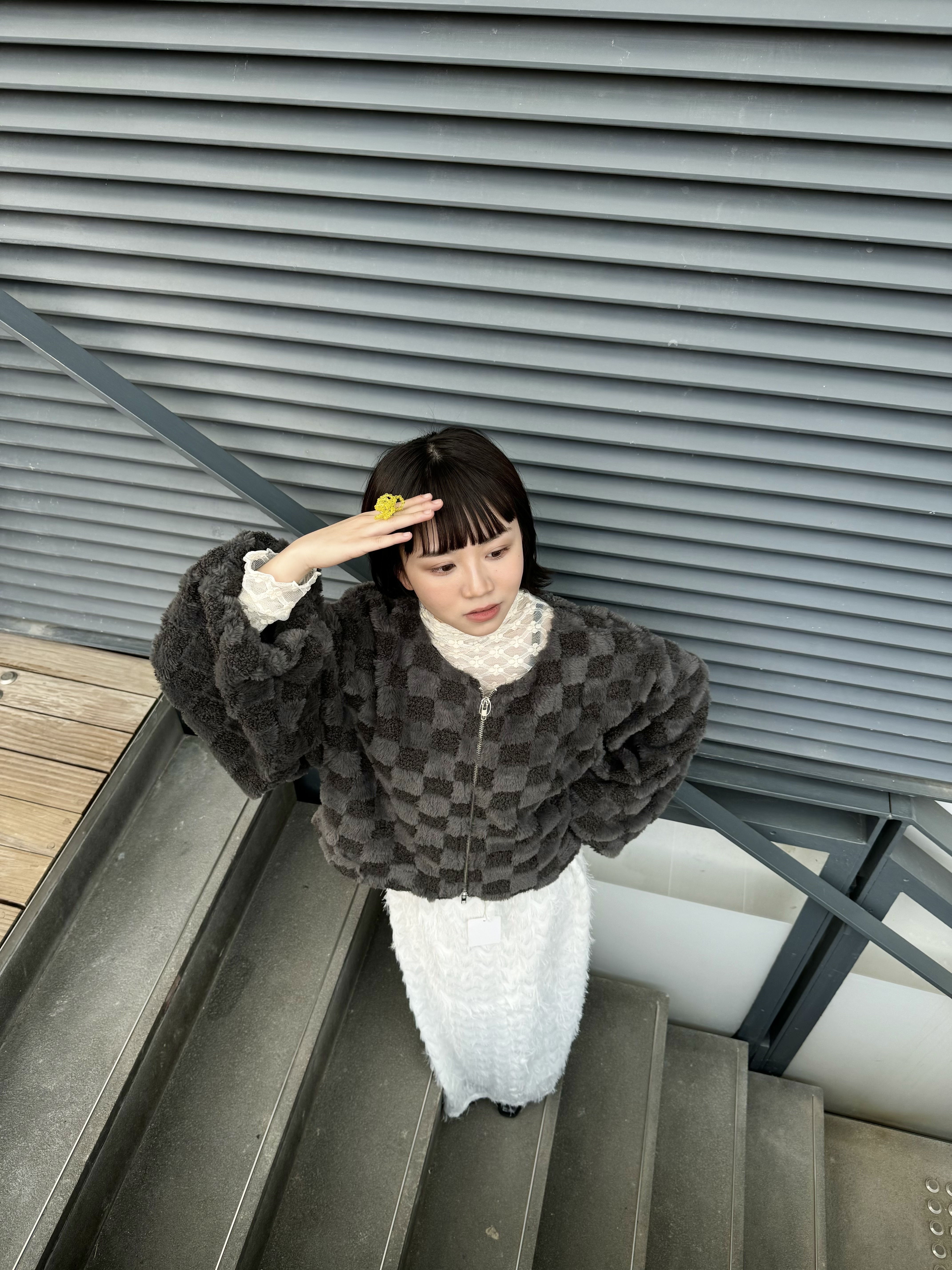 毛毛格子兩拉鍊外套