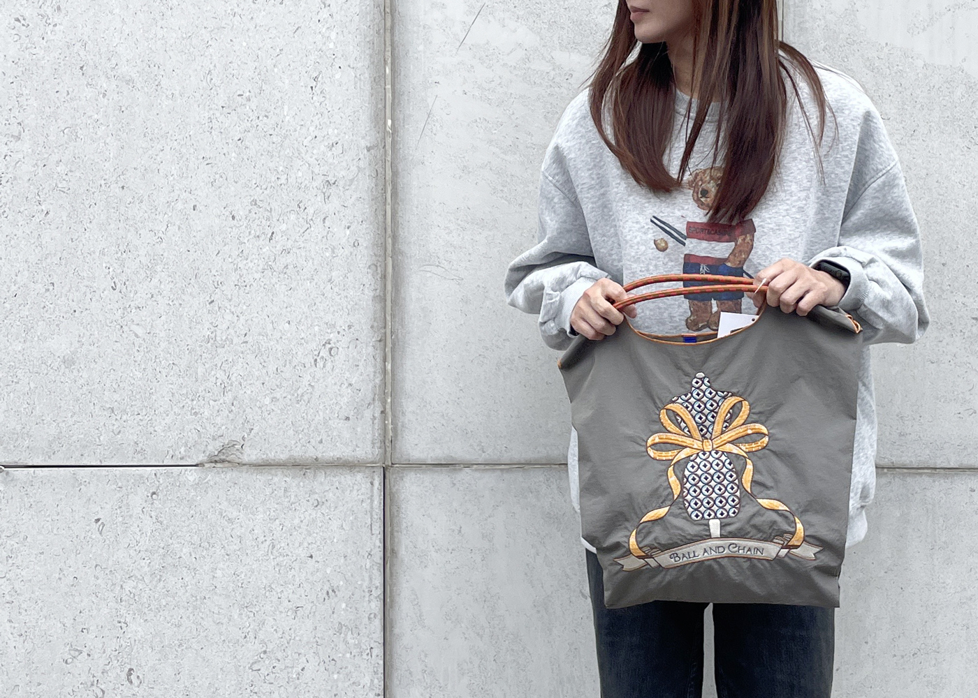 Ball＆Chain 刺繡環保購物袋 M號 - 灰 (30105085)