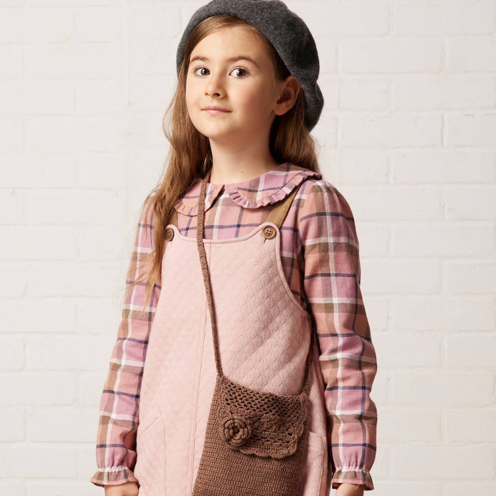 PIPPY經典格紋荷葉領棉質長袖上衣  粉