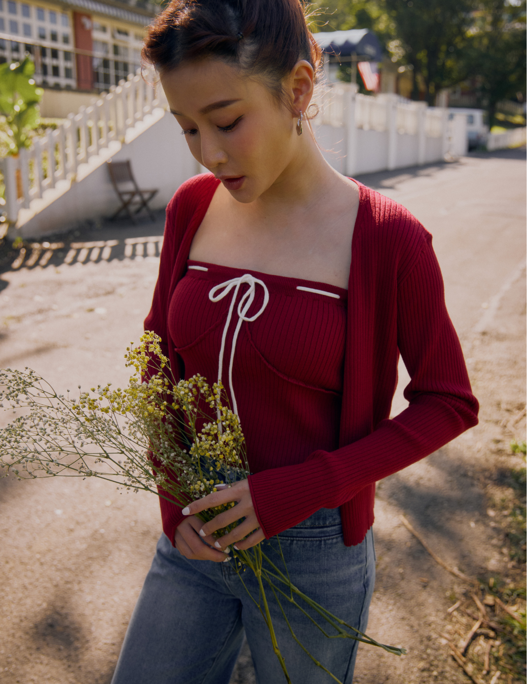 撞色綁結抹胸兩件組（紅色/2尺寸）