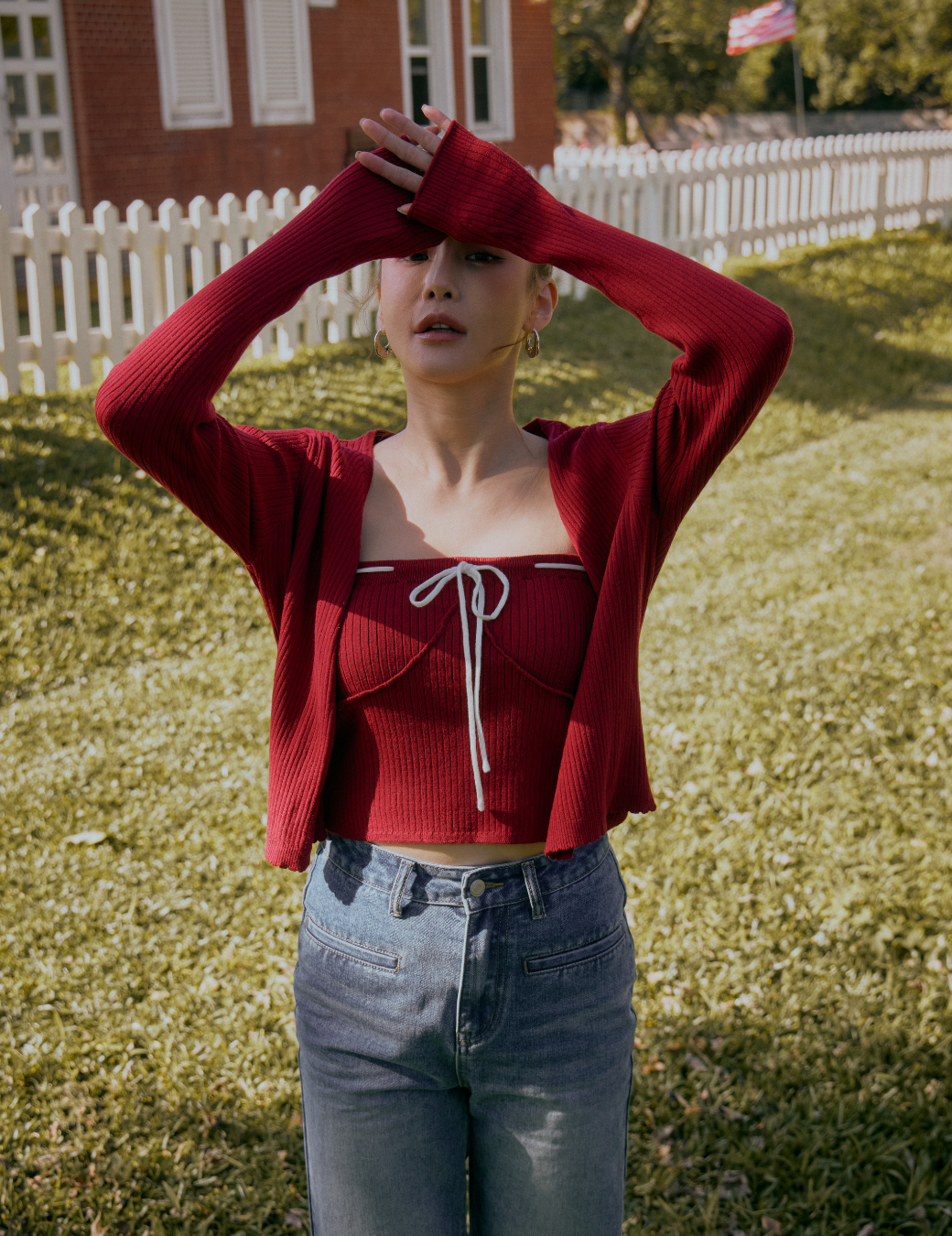 撞色綁結抹胸兩件組（紅色/2尺寸）