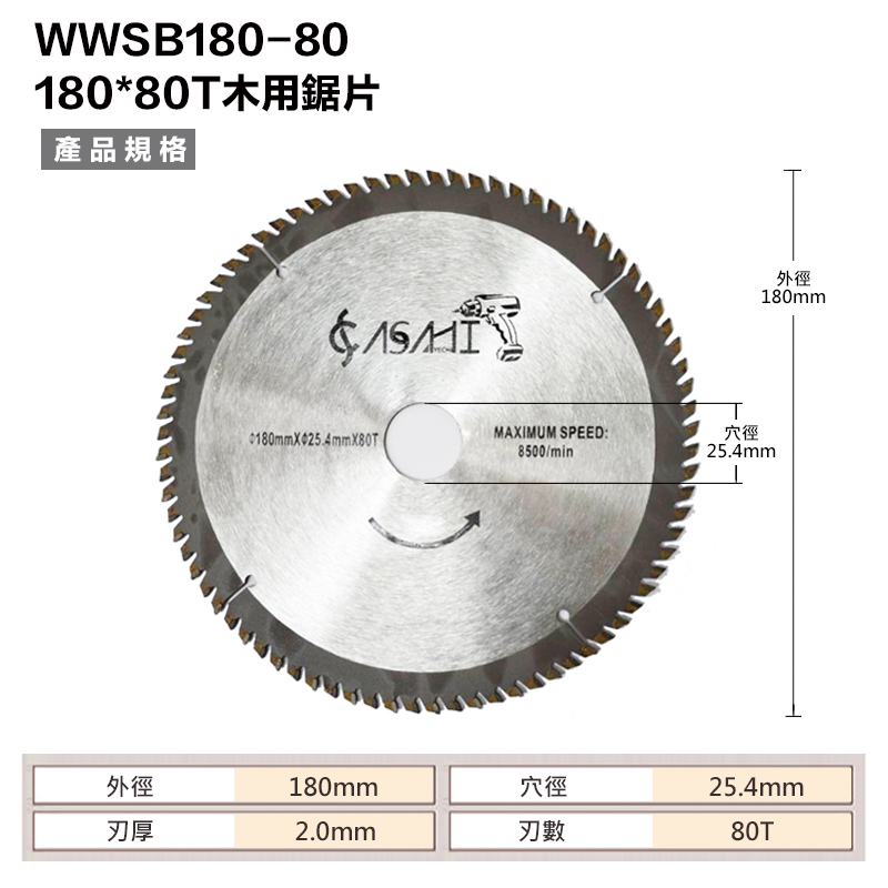 附發票｜WWSB180-80｜180*80T 木用鋸片 7吋 180*25.4*80T 厚2.0mm
