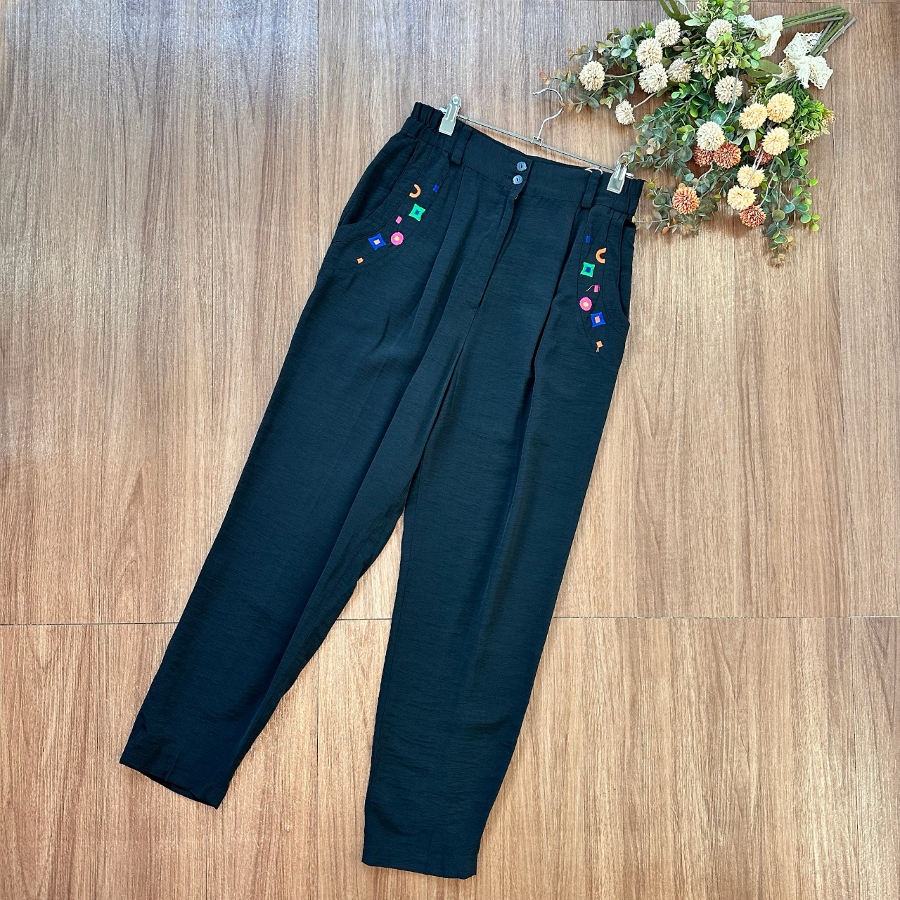 黑色迷你童趣幾何圖案運動長褲