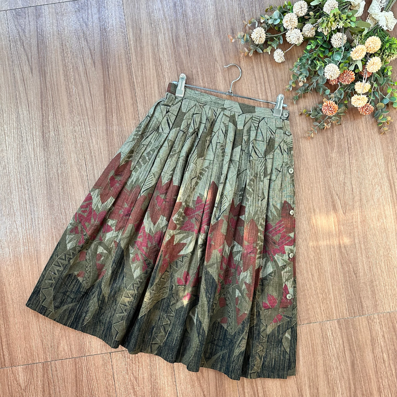 紅花樹林景色棉麻半身裙