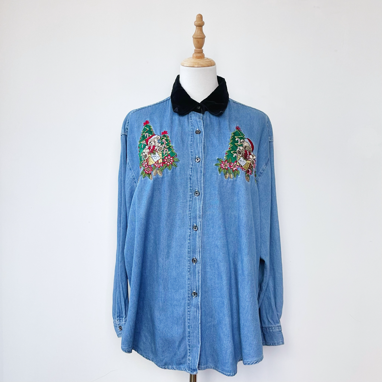 聖誕小熊絨面領口牛仔上衣