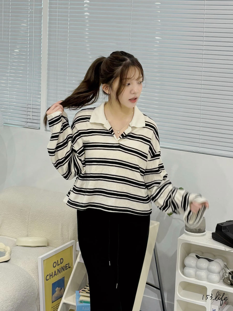 |現貨|🇰🇷翻領條紋短版寬鬆上衣(2色)