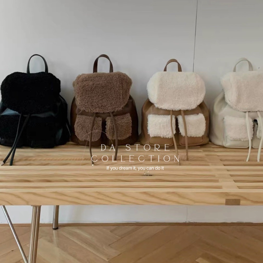 🇰🇷撞色羊羔毛拼接軟皮後背包/三色