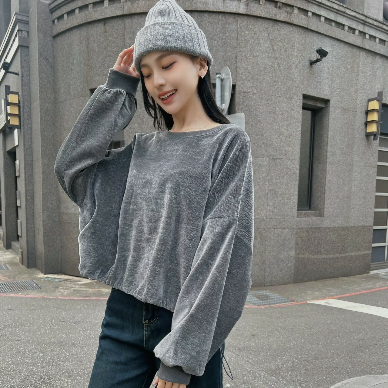 微光水波紋下抽繩上衣/三色