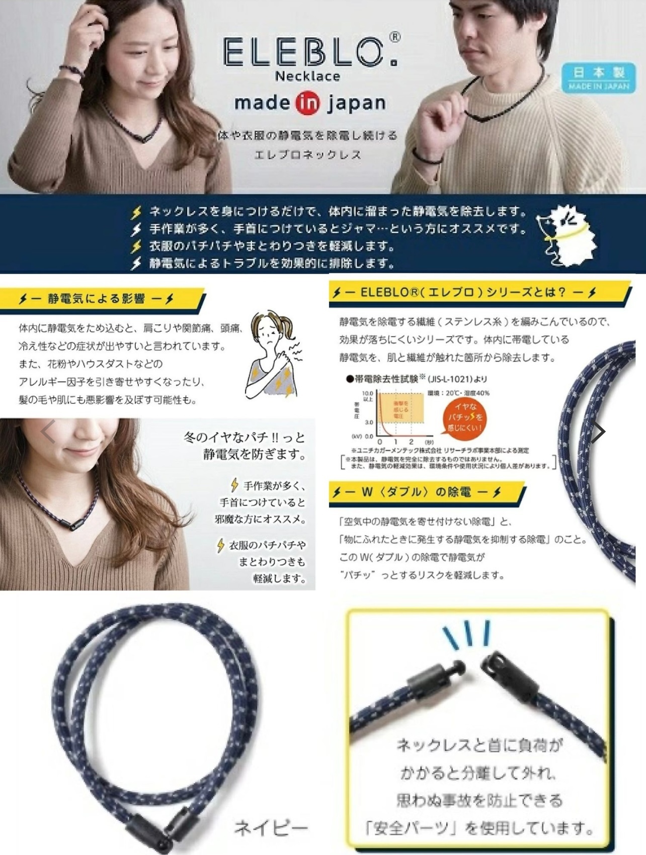 日本制 ELEBLO-頂級4倍強效條紋編織防靜電頸鍊/手環(1.9秒急速除靜電髮圈)(H3 KA653)