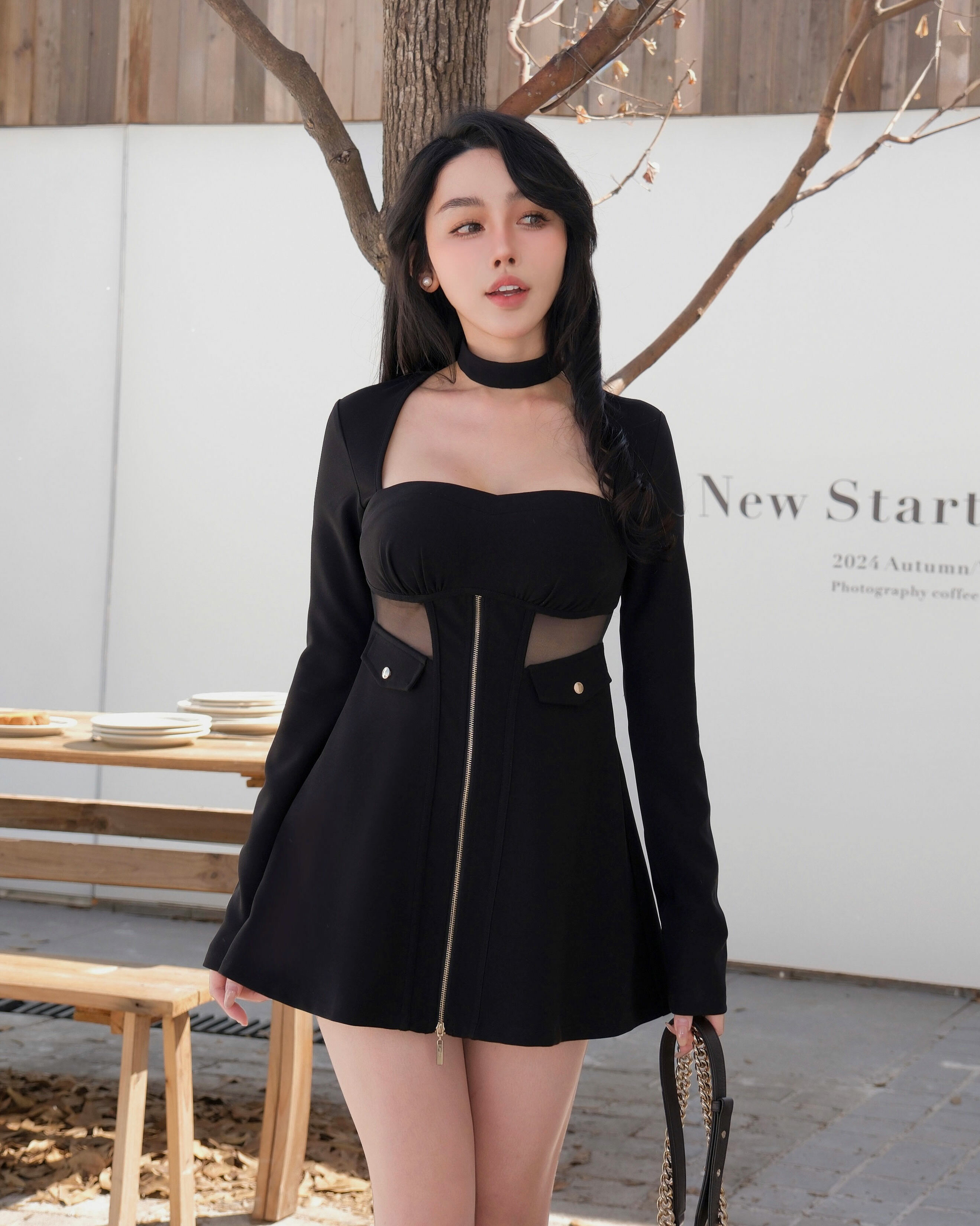 訂製-性感桃心拼接網紗傘襬套裝