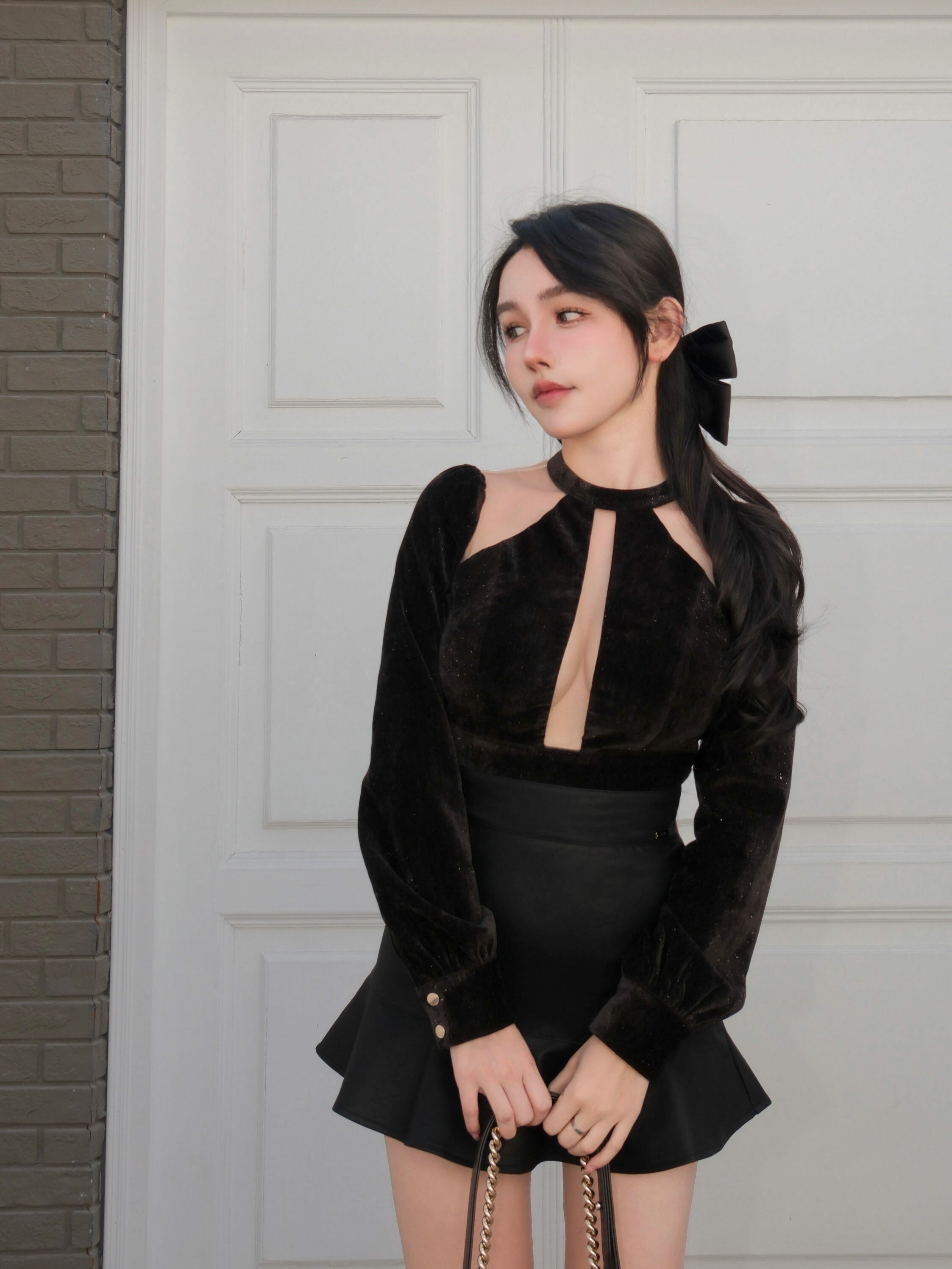 訂製-性感立領亮絲拼接網紗上衣