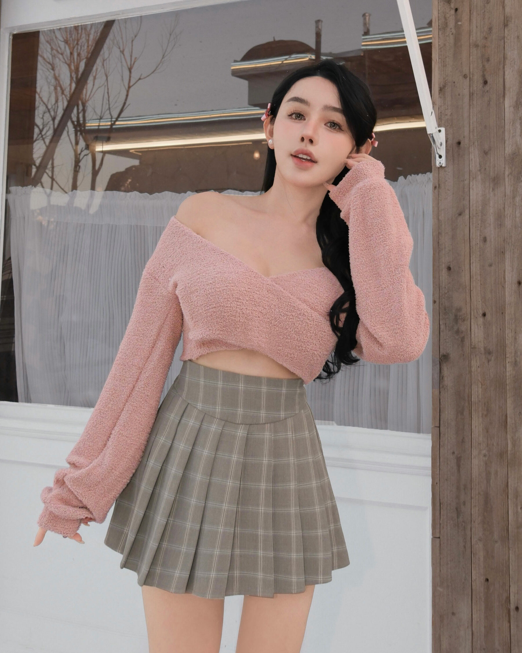 訂製-慵懶毛巾布交叉短上衣