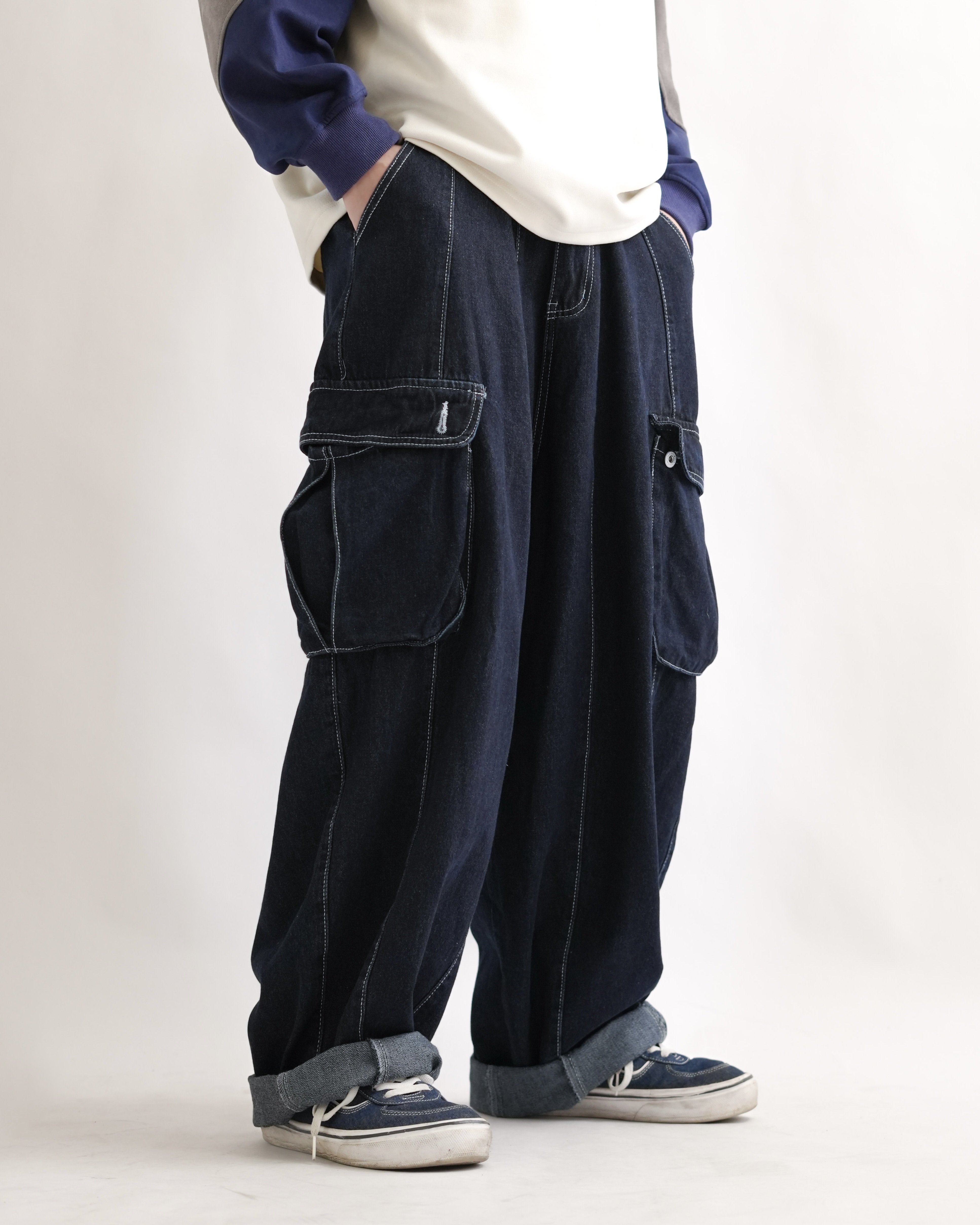 ML081 原色牛仔口袋闊腿褲-藍色