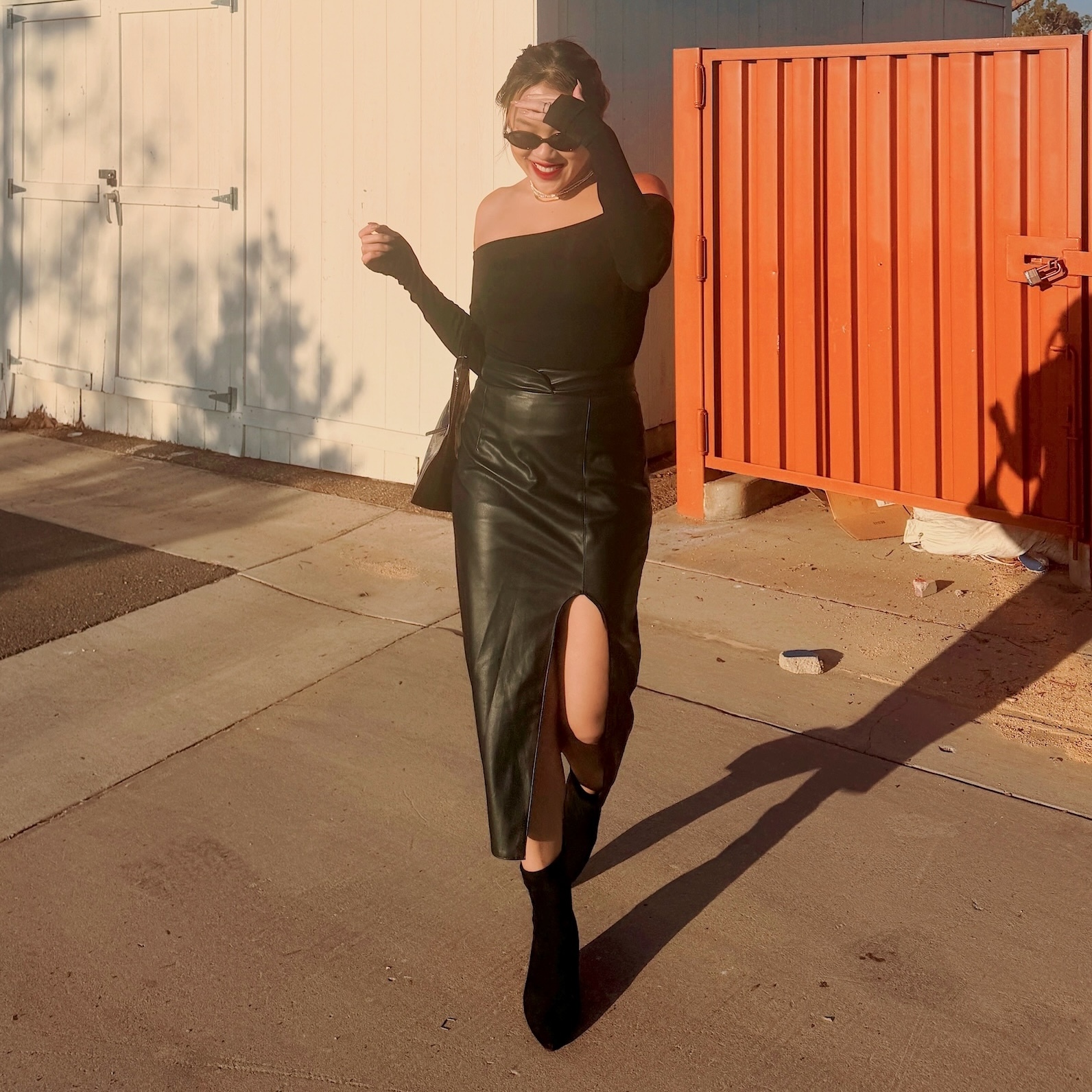 皮質高腰開衩裙