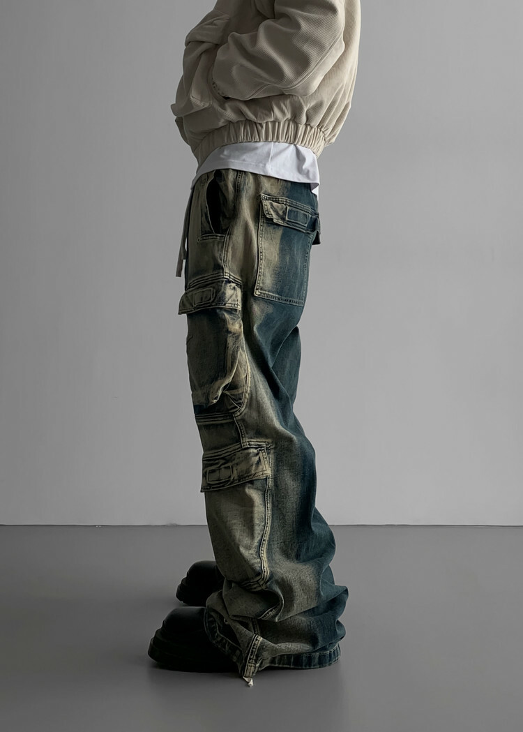 雙口袋工裝寬牛仔褲