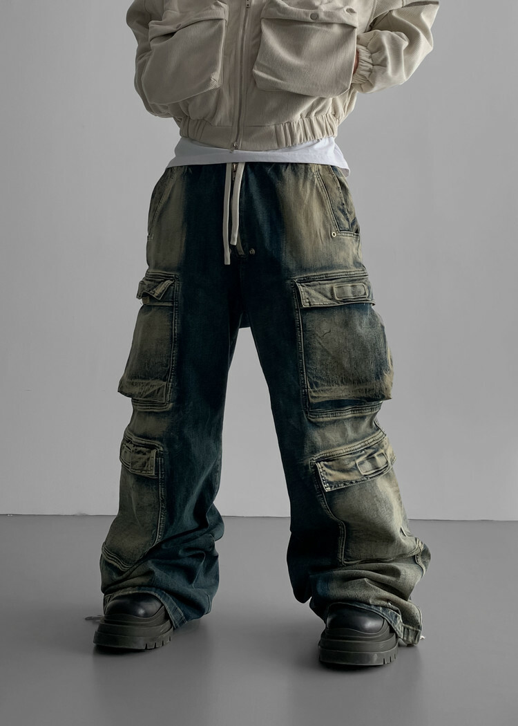 雙口袋工裝寬牛仔褲