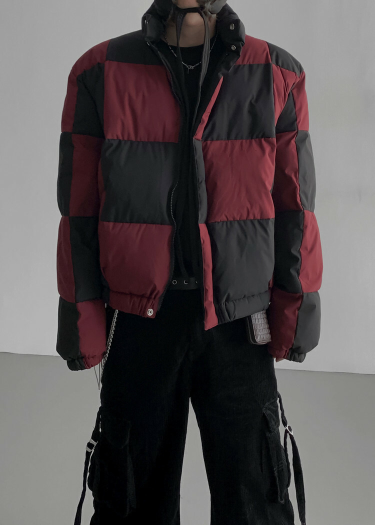 (獨家限時優惠)拼圖格紋塊狀羽絨外套