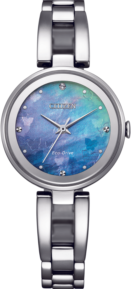 萬年鐘錶 - Citizen 星辰錶  希望之藍限定款 蝴蝶珍珠貝面盤光動能 女錶 EM0801-85N 錶徑 28MM