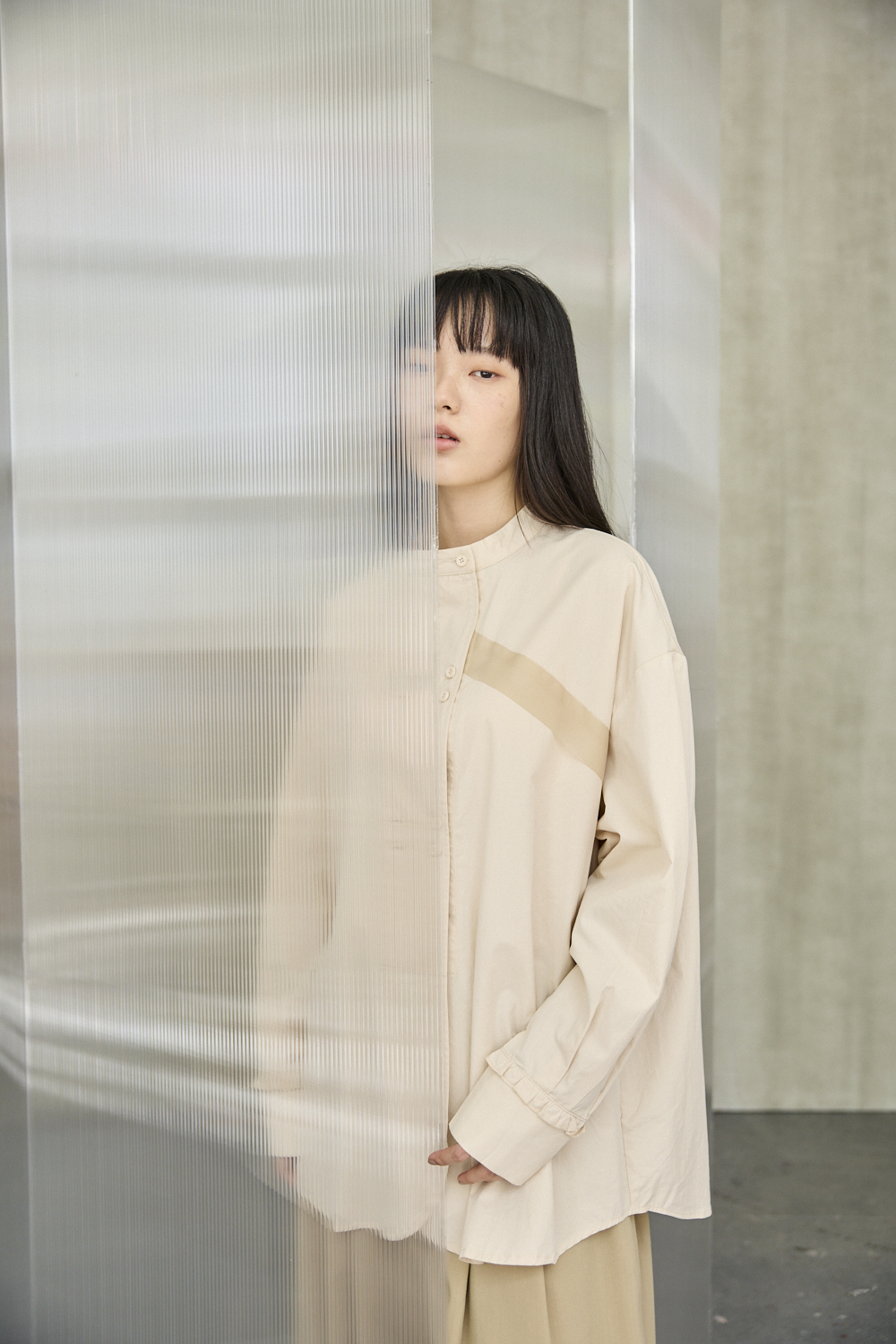 織帶拼接無領襯衫