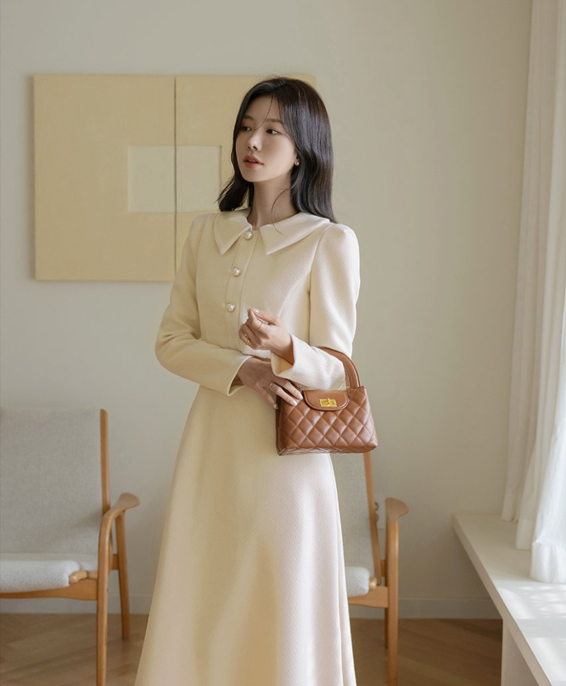 [現貨] Florence 珍珠假兩件洋裝 [ 黑色 / M ]