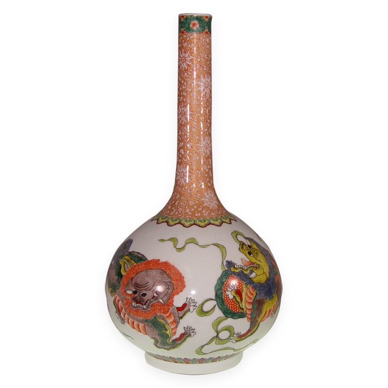 居家開運粉彩瓷｜雙獅戲球彩繪長頸天球花瓶｜典雅收藏品