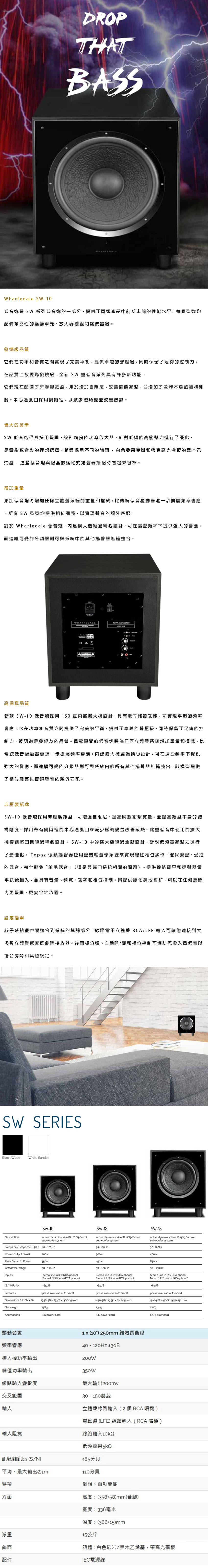 Wharfedale 10DROPTHATBASSWHARFEDALE低音炮是 SW 系列低音炮的一部分提供同類產品中前所未聞的性能水平。每個型號均配備革命性的驅動單元、放大器模組和濾波器級。發燒級品質它們在功率和音質之間實現了完美平衡,提供卓越的聲壓級,同時保留了足夠的控制力,在品質上被視為發燒級。全新 SW 重低音系列具有許多新功能。它們現在配備了非壓製紙,用於增加自阻尼、改善瞬態衝擊,並增加了盆體本身的結構剛度。中心通風口採用銅襯裡,以減少磁畸變並改善散熱。偉大的美學SW 低音炮仍然採用堅固、設計精良的功率放大器,針對低頻的高衝擊力進行了優化,是電影或音樂的理想選擇。箱體採用不同的飾面 白色桑德克斯和有高光擋板的黑木乙烯基 - 這些低音炮與配套的落地式揚聲器搭配時看起來很棒。增加重量添加低音炮將增加任何立體聲系統的重量和權威,比傳統低音驅動器進一步擴展頻率響應。所有 SW 型號均提供相位調整,以實現聲音的額外匹配。對於 Wharfedale 低音炮,內建擴大機經過精心設計,可在這些頻率下提供強大的響應,而連續可變的分頻器則可與系統中的其他揚聲器無縫整合。WHARFEDALEACTIVE SUBWOOFER高保真品質新款 SW-10 低音炮採用150瓦内部擴大機設計,具有電子均衡功能,可實現平坦的頻率響應。它在功率和音質之間提供了完美的平衡,提供了卓越的聲壓級,同時保留了足夠的控制力,被認為是發燒友的品質。這款直覺的低音炮將為任何立體聲系統增加重量和權威,比傳統低音驅動器更進一步擴展頻率響應。內建擴大機經過精心設計,可在這些頻率下提供強大的響應,而連續可變的分頻器則可與系統內的所有其他揚聲器無縫整合。該模型提供了相位調整以實現聲音的額外匹配。非壓製紙盆SW-10 低音炮採用非壓製紙盆,可增強自阻尼、提高瞬態衝擊質量,並提高紙盆本身的結構剛度。採用帶有銅襯裡的中心通風口來減少磁畸變並改善散熱。此重低音中使用的擴大機模組堅固且經過精心設計。 SW-10中的擴大機經過全新設計,針對低頻高衝擊力進行了最佳化。 Topaz 低頻揚聲器使用密封箱聲學系統來實現線性相位操作,確保緊密、受控的低音,完全避免羊毛低音」這是與端口系統相關的問題)。提供線路電平和揚聲器電平訊號輸入,並具有音量、頻寬、功率和相位控制。還提供硬化鋼地板釘,可以在任何房間内更堅固、更安全地放置。設定簡單該子系統很容易整合到系統的其餘部分。線路電平立體聲 RCA/LFE 輸入可讓您連接到大多數立體聲或家庭劇院接收器。後面板分頻、自動開/關和相位控制可協助您撥入重低音以符合房間和其他設定。37SW SERIESBlack Wood White SandeDescriptionSW-10SW-12SW-15active dynamic-drive  10 (250mm)subwoofer systemactive dynamic-drive IB 12(300mm)subwoofer systemactive dynamic-drive IB 15(380mm)subwoofer systemFrequency Response (3dB) 40 - Power Output (Rms)Peak Dynamic PowerCrossover RangeInputs200w350w30-150HzStereo line in (2  RCA phono)Mono (LFE) line in (RCA phono)(S/N) RatioFeaturesdBphase inversion, auto on-offDimensions (H  W x D) (35858)  (336)(366+15)mmNet weightAccessories15KgIEC power cord35-120Hz30-120Hz300w400w450w850w30 - 150Hz30 - 150HzStereo line in (2 x RCA phono)Stereo line in (2 x RCA phono)Mono (LFE) line in (RCA phono)Mono (LFE) line in (RCA phono)≥85dB≥85dBphase inversion, auto on-off(43058)x(395)(442+15) mmphase inversion, auto on-off(54058)(500)x(540+15) mm23KgIEC power cord (10) 250mm 錐體長衝程40-120Hz±3dB驅動裝置頻率響應擴大機功率輸出200W峰值功率輸出350W線路輸入靈敏度交叉範圍輸入「輸入阻抗訊號雜訊比(S/N)平均。最大輸出特徵方面27KgIEC power cord最大輸出200mv30-150赫茲立體聲線路輸入(2個RCA唱機)單聲道 (LFE) 線路輸入(RCA唱機)線路輸入102低頻效果5k2≥85分貝110分貝倒相、自動開關高度:(358+58)mm(含腳)寬度:336毫米深度:(366+15)mm箱體:白色砂岩/黑木乙烯基,帶高光擋板淨重15公斤飾面配件IEC電源線