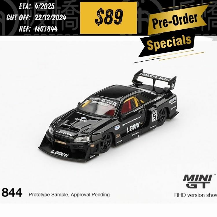 PO-$89  * MINI GT * 1:64 #844 Nissan LB-ER34 Super Silhouette SKYLINE Black RHD [OD10/12]