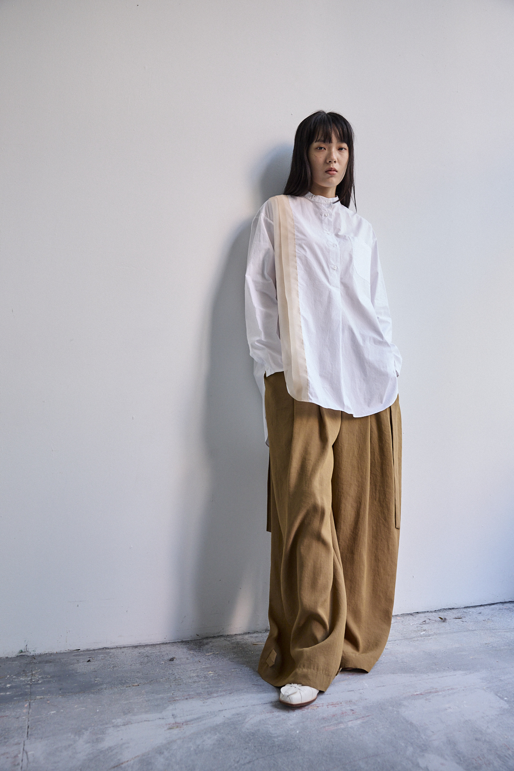 織帶裝飾半開襟無領襯衫