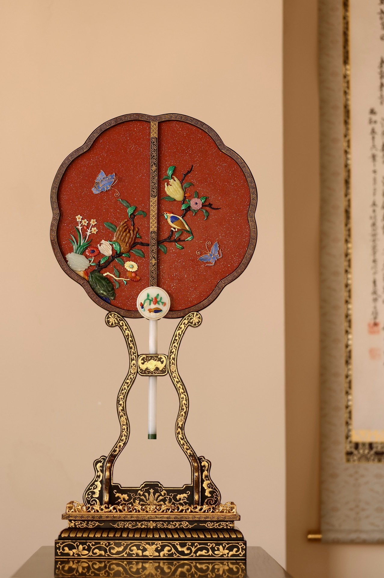 "Palace Fan of Fortune and Longevity" painted with gold and inlaid with treasures on lacquer background