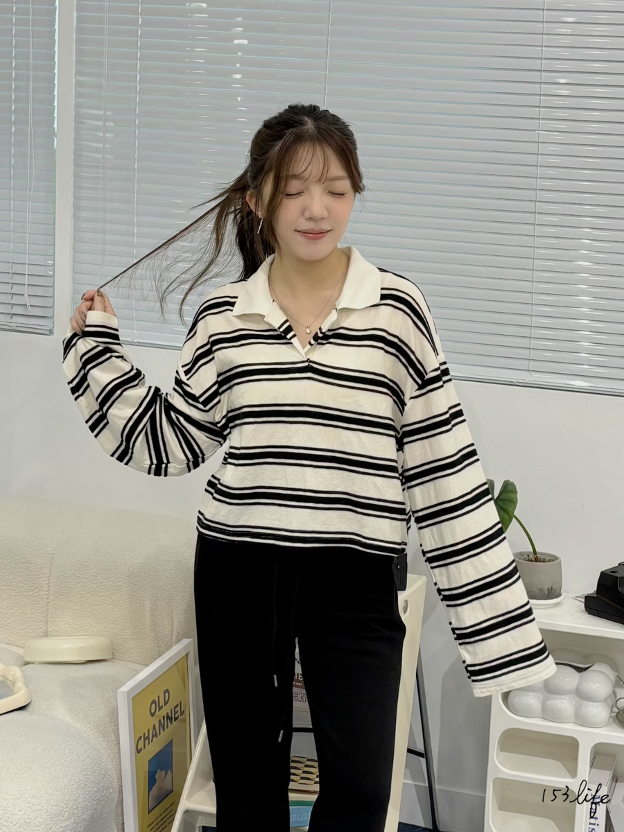 |現貨|🇰🇷翻領條紋短版寬鬆上衣(2色)