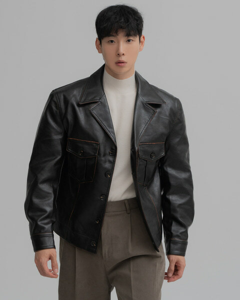 棕色邊線水洗短版皮夾克外套